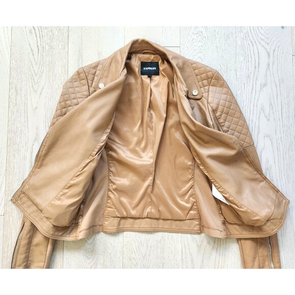 EXPRESS Moto Faux Leather Jacket Tan Silver XS - Picture 5 of 8